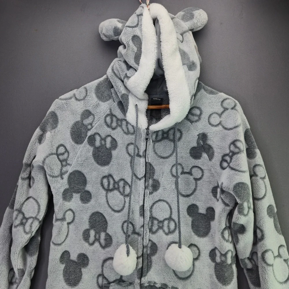 Disney Minnie Mouse Fleece Union Suit Pajamas Small Gray Hooded One Piece Plush - Picture 9 of 16